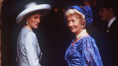Diana and her mother arrive at at St. Mary's Church on September 17, 1989 for the wedding of her brother Charles Spence.