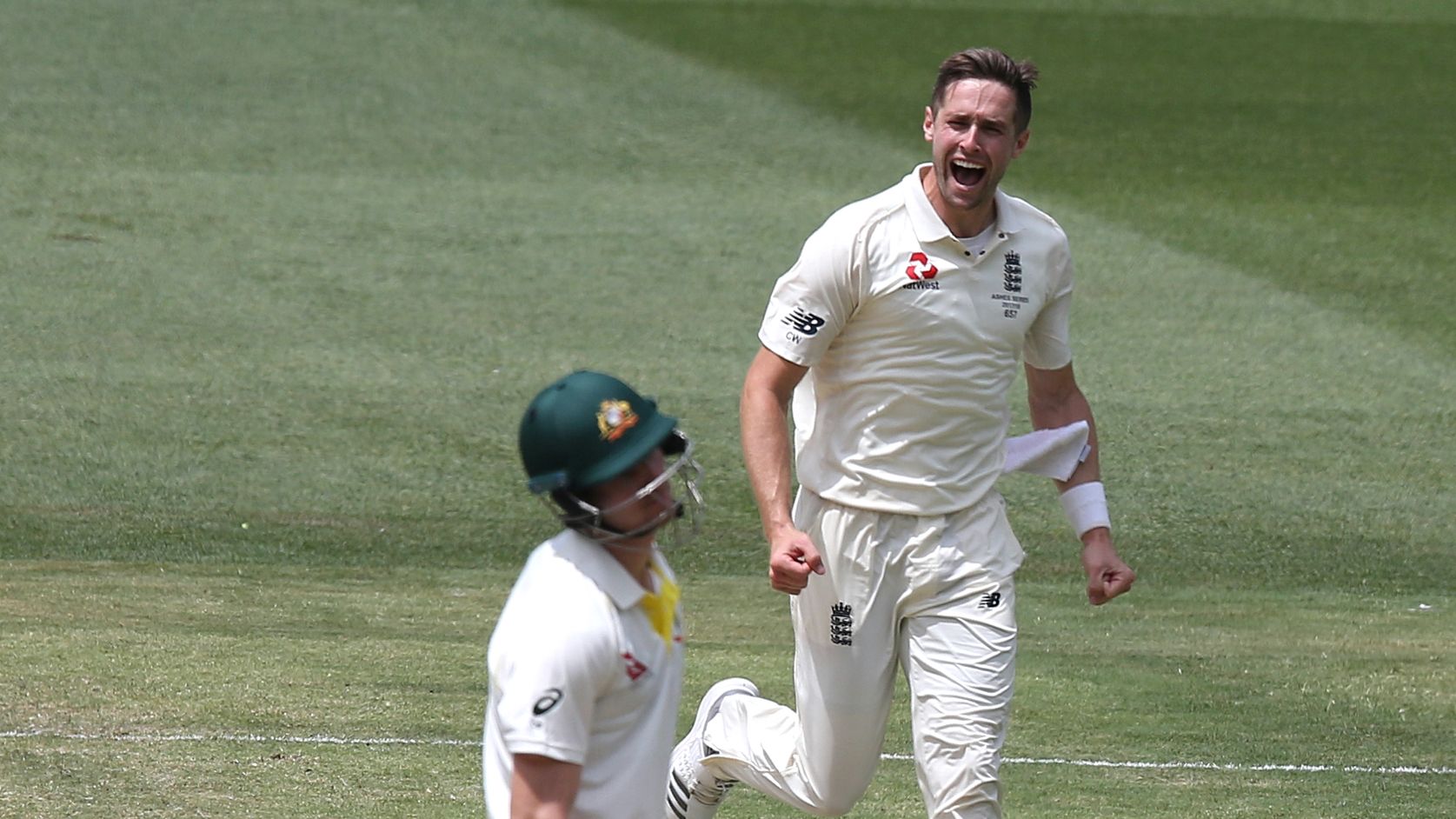 Chris Woakes bowls Cameron Bancroft and lets the Aussie know about it.