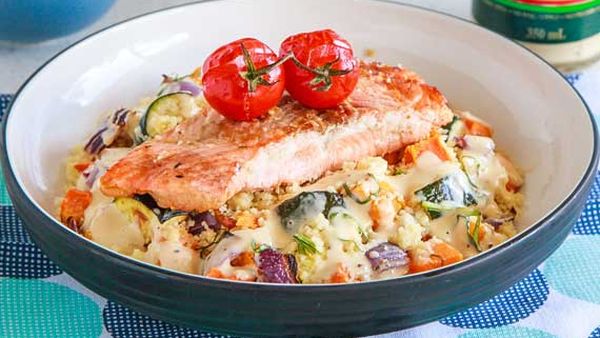 Salmon with warm roast vegetable couscous salad