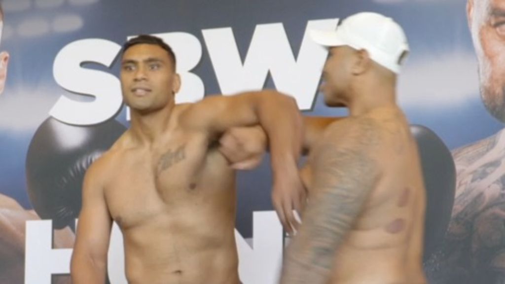 Tempers flare between NRL star and 'Mike Tyson' ringer at SBW vs Hunt boxing weigh-in