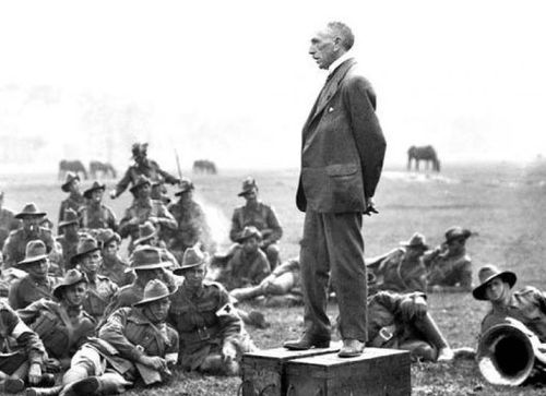 Australian Prime Minister Billy Hughes addressing soldiers in World War I.