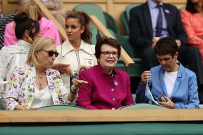 LONDON, ENGLAND - JULY 10:  Martina Navratilova and Billie Jean King  watch the Ladies' Singles Final match between Ashleigh Barty of Australia and Karolina Pliskova of The Czech Republic  on Day Twelve of The Championships - Wimbledon 2021 at All England Lawn Tennis and Croquet Club on July 10, 2021 in London, England. (Photo by Clive Brunskill/Getty Images)