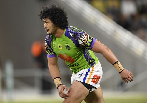 Corey Harawira-Naera of the Raiders during the round 12 NRL match between the North Queensland Cowboys and the Canberra Raiders at QCB Stadium on August 01, 2020 in Townsville, Australia.