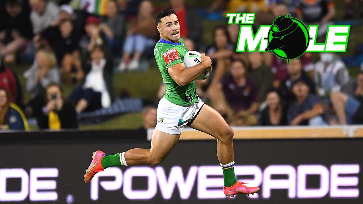 Harley Smith-Shields of the Canberra Raiders runs through before scoring a disallowed try.