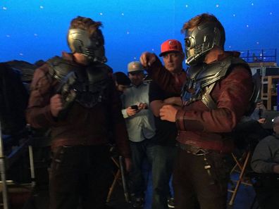 Chris Pratt on the set of a Guardians of the Galaxy movie with stuntman Tony McFarr.