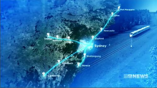 The four options on the table. High speed rail north to Port Macquarie, west to Orange, southwest to Canberra or south to Nowra.