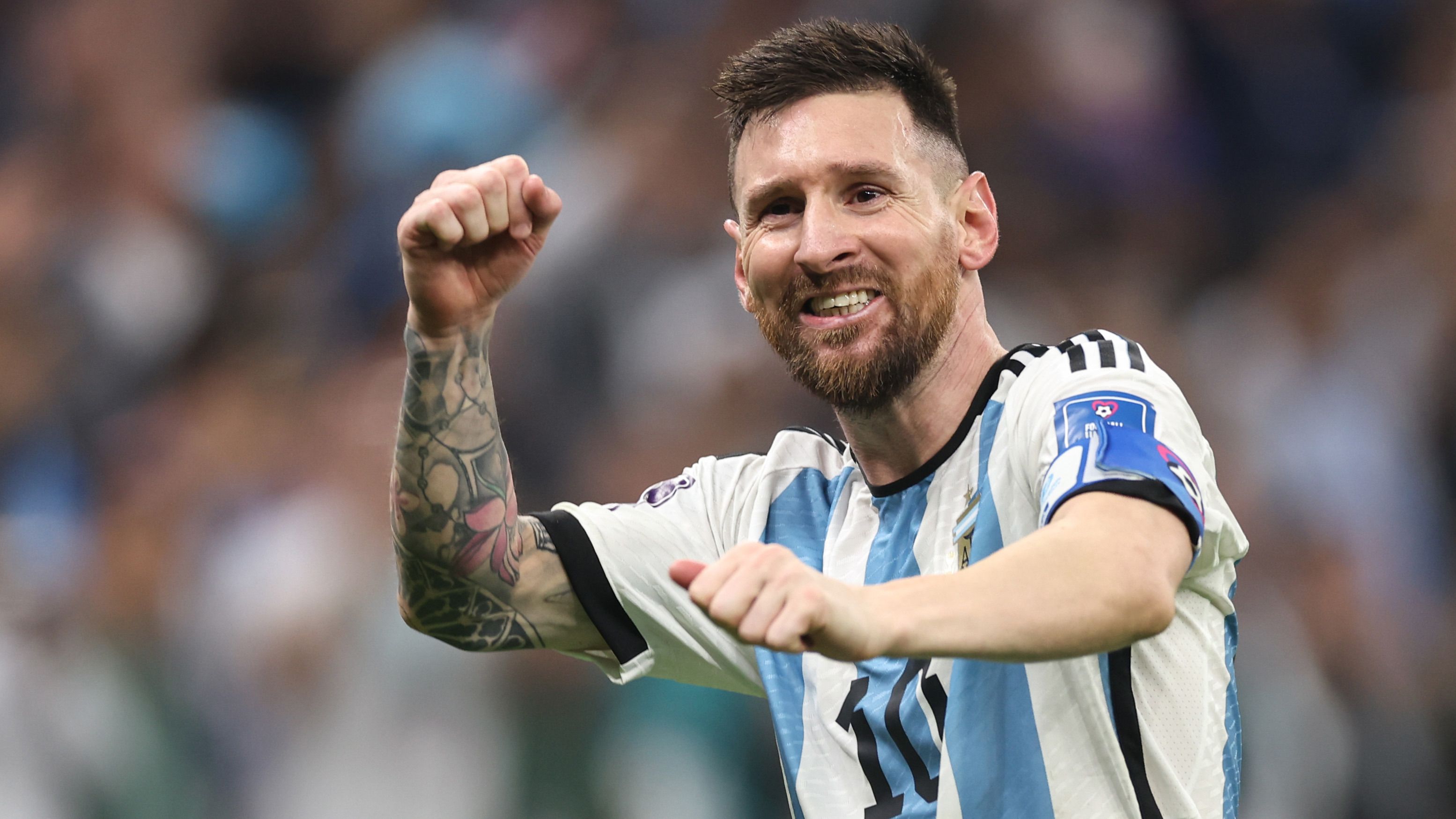 Lionel Messi of Argentina celebrates after scoring a goal to make it 3-2 during the FIFA World Cup Qatar 2022 Final match between Argentina and France at Lusail Stadium on December 18, 2022 in Lusail City, Qatar. (Photo by Matthew Ashton - AMA/Getty Images)