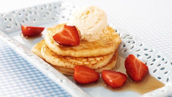 Buttermilk pancakes with maple-glazed strawberries