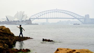 A young boy climbs on the rocks at Mrs Macquarie&#x27;s Chair as smoke haze from bushfires in New South Wales blankets the CBD in Sydney