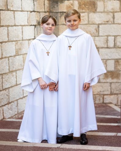 Hereditary Prince Jacques and Princess Gabriella of Monaco on their First Communion at Monaco Cathedral on Sunday May 11, 2025.