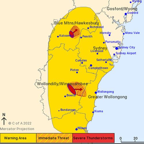The warning area for thunderstorms hitting most of Sydney this evening.