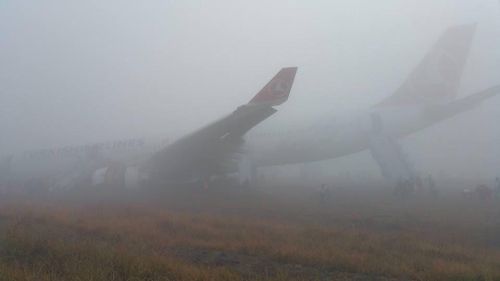 Turkish Airlines passengers escaped serious injury after their plane skidded off the runway in Nepal. (Twitter, @neilpande)