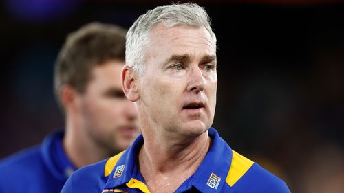 Adam Simpson, Senior Coach of the Eagles looks on during the 2023 AFL Round 23 match between the Western Bulldogs and the West Coast Eagles at Marvel Stadium on August 20, 2023 in Melbourne, Australia. (Photo by Michael Willson/AFL Photos via Getty Images)
