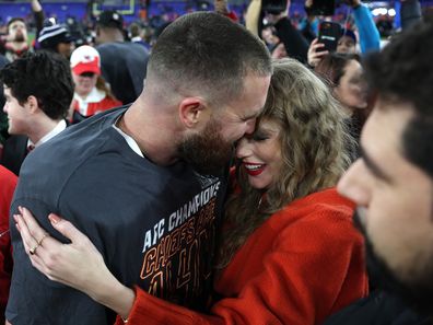 Taylor Swift and Travis Kelce after the Chiefs win at the AFC Championship Game.