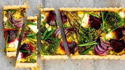 Recipe: <a href="https://kitchen.nine.com.au/2017/05/24/11/24/beetroot-broccoli-goats-cheese-and-chive-tart" target="_top">Beetroot, broccoli, goat's cheese and chive tart</a>