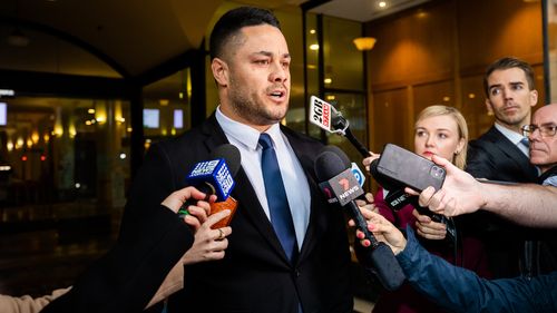 Jarryd Hayne speaks to the media outside Downing Centre Courts after a guilty verdict.