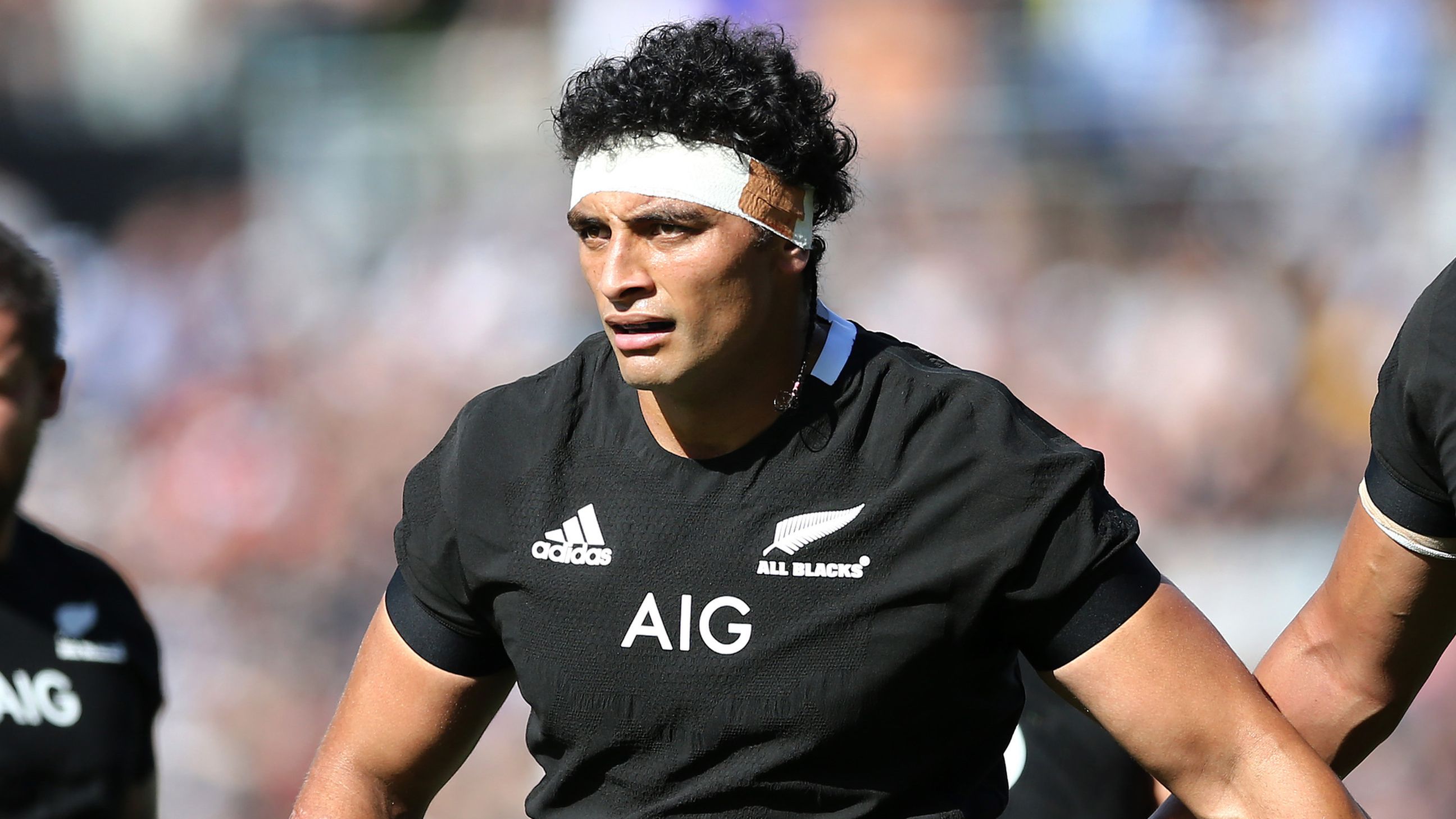 Alex Hodgman (centre) of the All Blacks looks on during the Bledisloe Cup match against the Wallabies in 2020.