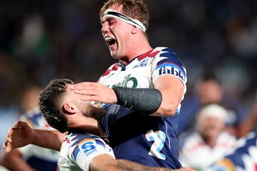 Sam Darry celebrates on full time during the round 12 Super Rugby Pacific match between Blues and Hurricanes at Eden Park.