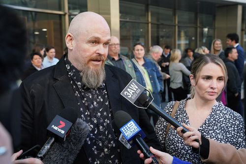 Shannon and Tracey Larsen, the parents of the victim Georgia Larsen, speak to the media outside the County Court of Victoria in Melbourne.