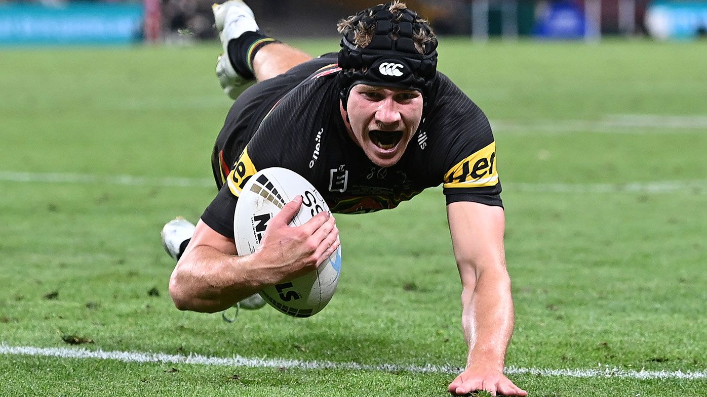  Matt Burton of the Panthers scores a try during the 2021 NRL Grand Final match between the Penrith Panthers and the South Sydney Rabbitohs at Suncorp Stadium on October 03, 2021, in Brisbane, Australia. (Photo by Bradley Kanaris/Getty Images)