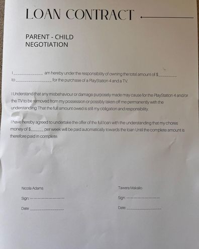 Mum on Instagram puts together Loan Contract for kids. 