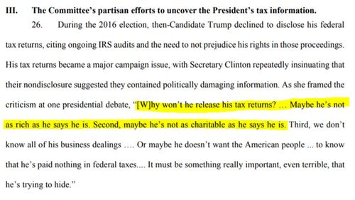 Donald Trump's lawsuits cites the political arguments made by Democrats to access his tax returns.