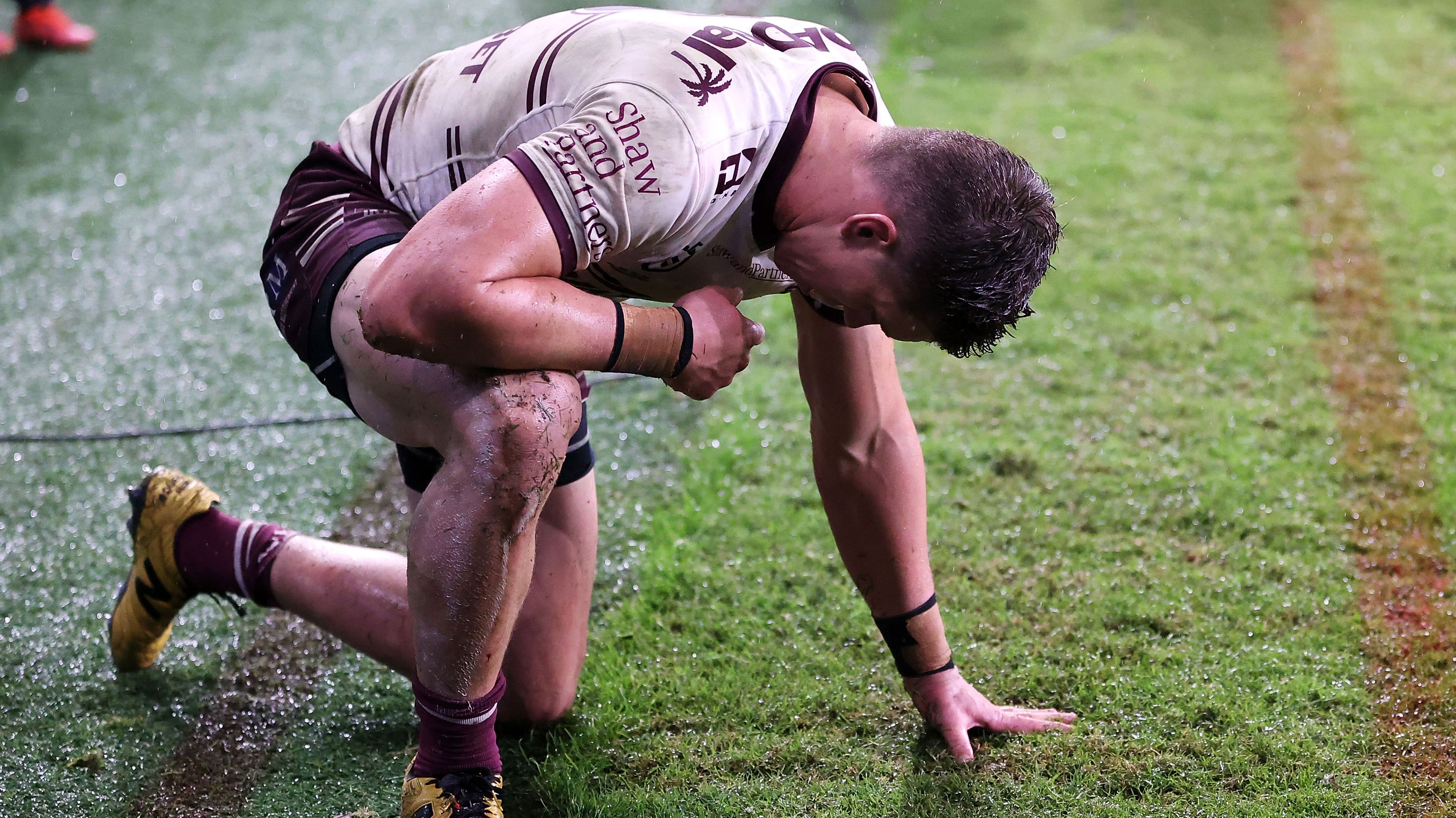 Reuben Garrick of the Sea Eagles looks dejected after conceding a try against the Eels.