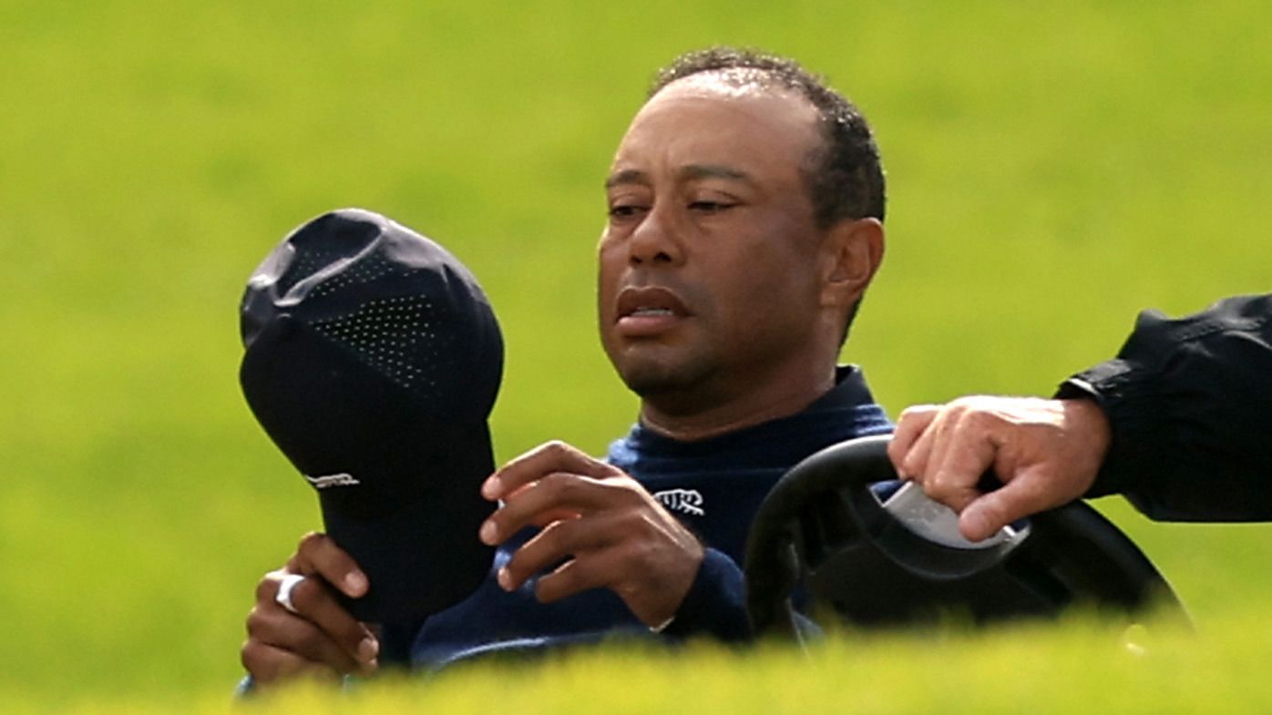 Tiger Woods of the United States speaks with a rules official after withdrawing from the tournament due to illness on the sixth hole during the second round of The Genesis Invitational at Riviera Country Club on February 16, 2024 in Pacific Palisades, California. (Photo by Sean M. Haffey/Getty Images)
