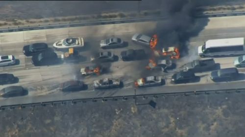 Helicopter images showed several cars engulfed in flames. (Supplied)