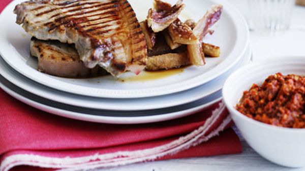 Pork chops with romesco and crackling