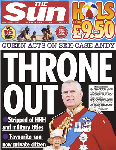 The Daily Star's front-page the day it was announced Prince Andrew would be stripped of his HRH and military titles and patronages.
