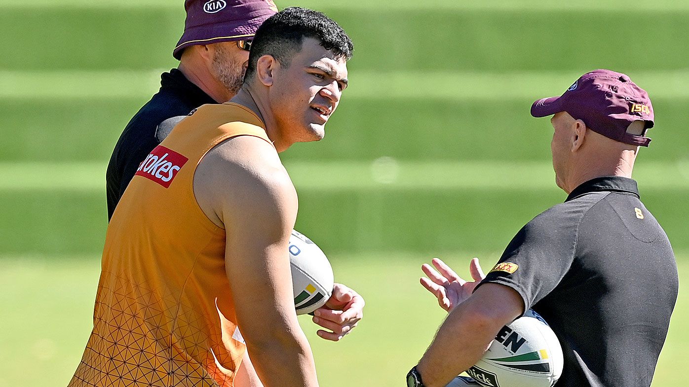 David Fifita speaks to Allan Langer during a Brisbane Broncos NRL training