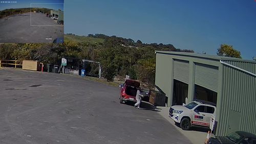 CCTV images of Erin Patterson dumping a dehydrator at Koonawarra waste station, on August 2, 2023, days after cooking a beef Wellington meal and hours after she left hospital in Melbourne.