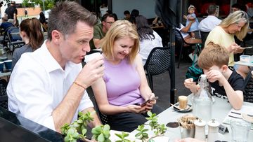 NSW Premier-designate Chris Minns has emerged after to have coffee after Labors historic win at a Cafe in Kogarah with his wife Anna, and three sons. 