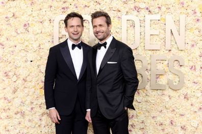 Patrick J. Adams and Gabriel Macht attend the 81st Annual Golden Globe Awards at The Beverly Hilton on January 07, 2024 in Beverly Hills, California.