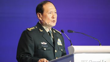 China&#x27;s Defense Minister General Wei Fenghe speaks at a plenary session during the 19th International Institute for Strategic Studies (IISS) Shangri-la Dialogue, Asia&#x27;s annual defense and security forum, in Singapore.
