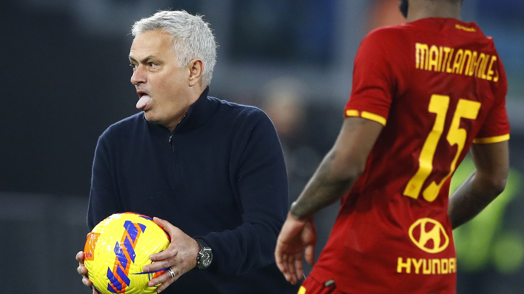 Jose Mourinho Head Coach of AS Roma gestures during the Serie A match between AS Roma and Hellas Verona FC.