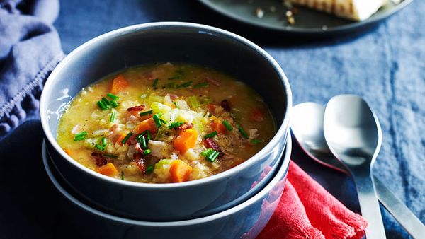 Hearty bacon, lentil and vegetable soup