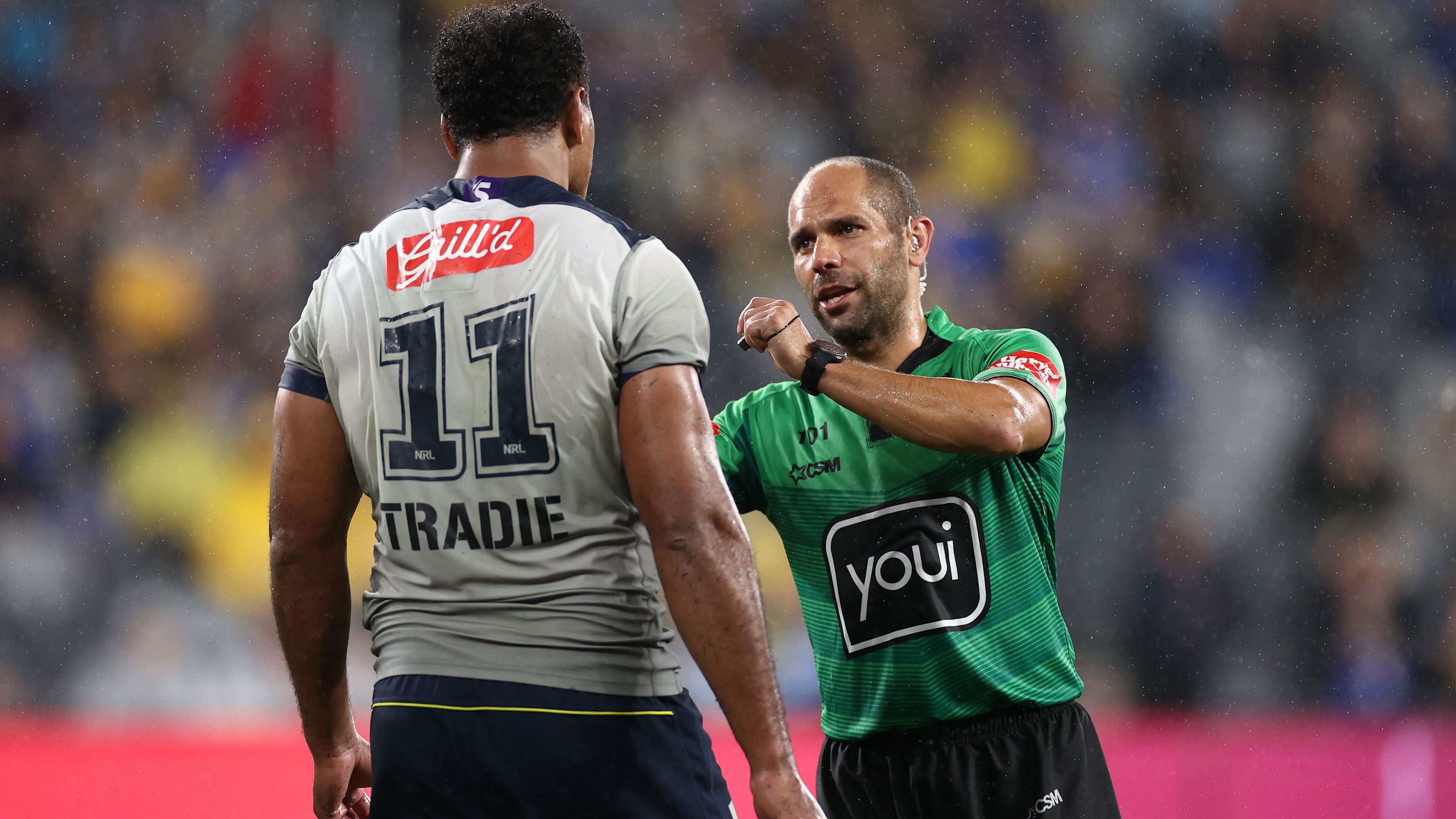 Felise Kaufusi is placed on report by referee Ashley Klein for a high hit on Ryan Matterson.