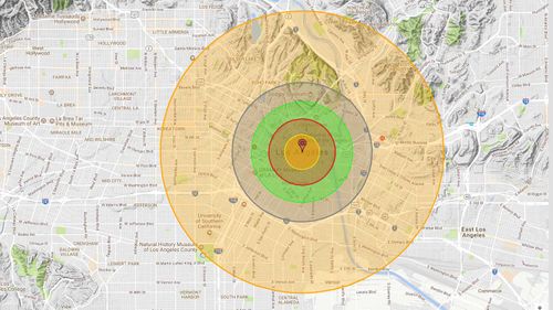 The impact of a nuclear bomb on Los Angeles. The inner yellow circle represents the bomb's fireball range. The red circle is the inner blast radius, while the green circle represents the deadliest radiation poisoning zone. The  grey circle is the outer blast zone, while the wider yellow circle shows the extent of thermal radiation burns. (Nukemap)