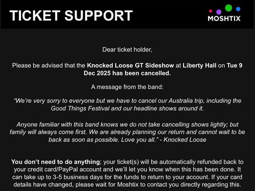 A screenshot of the email sent to a ticketholder for the Sydney Knocked Loose headline show.