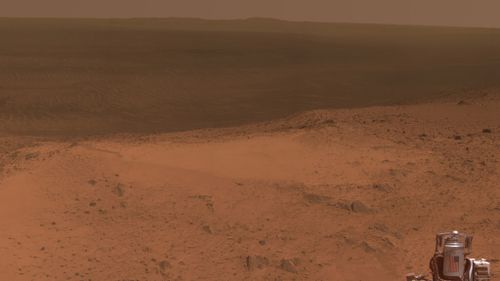 Mars rover Opportunity captured this alien vista facing east-northeast following its climb to the Tribulation summit of Endeavour Crater. (NASA/JPL-Caltech/Cornell Univ./Arizona State Univ)