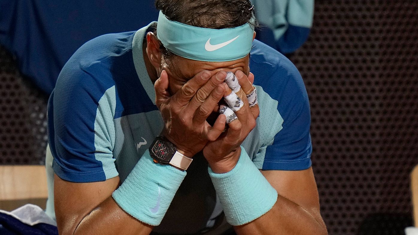 An injured Rafael Nadal shows his frustration during his loss to Denis Shapovalov at the Italian Open.