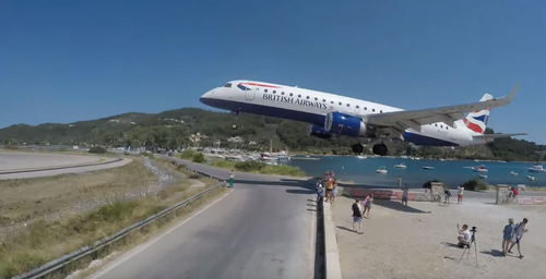 Thrill-seeking holidaymakers were almost taken out by a landing British Airways flight on the Greek island of Skiathos.