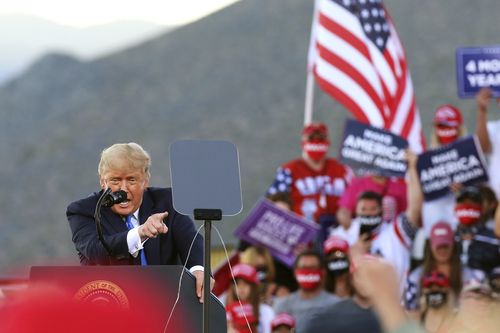 President Donald Trump speaks at a campaign rally at Carson City Airport, in Nevada.