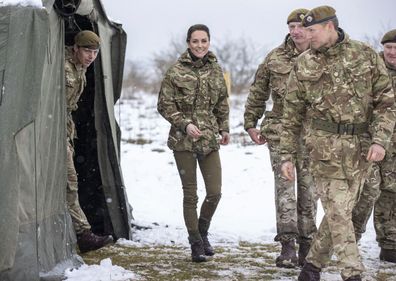 Kate,  Princess of Wales, Colonel, Irish Guards, meets members of the 1st Battalion Irish Guards, for the first time since receiving the honorary appointment last year during her first visit to the 1st Battalion Irish Guards since becoming Colonel, at the Salisbury Plain Training Area in Wiltshire, England, Wednesday March 8, 2023.