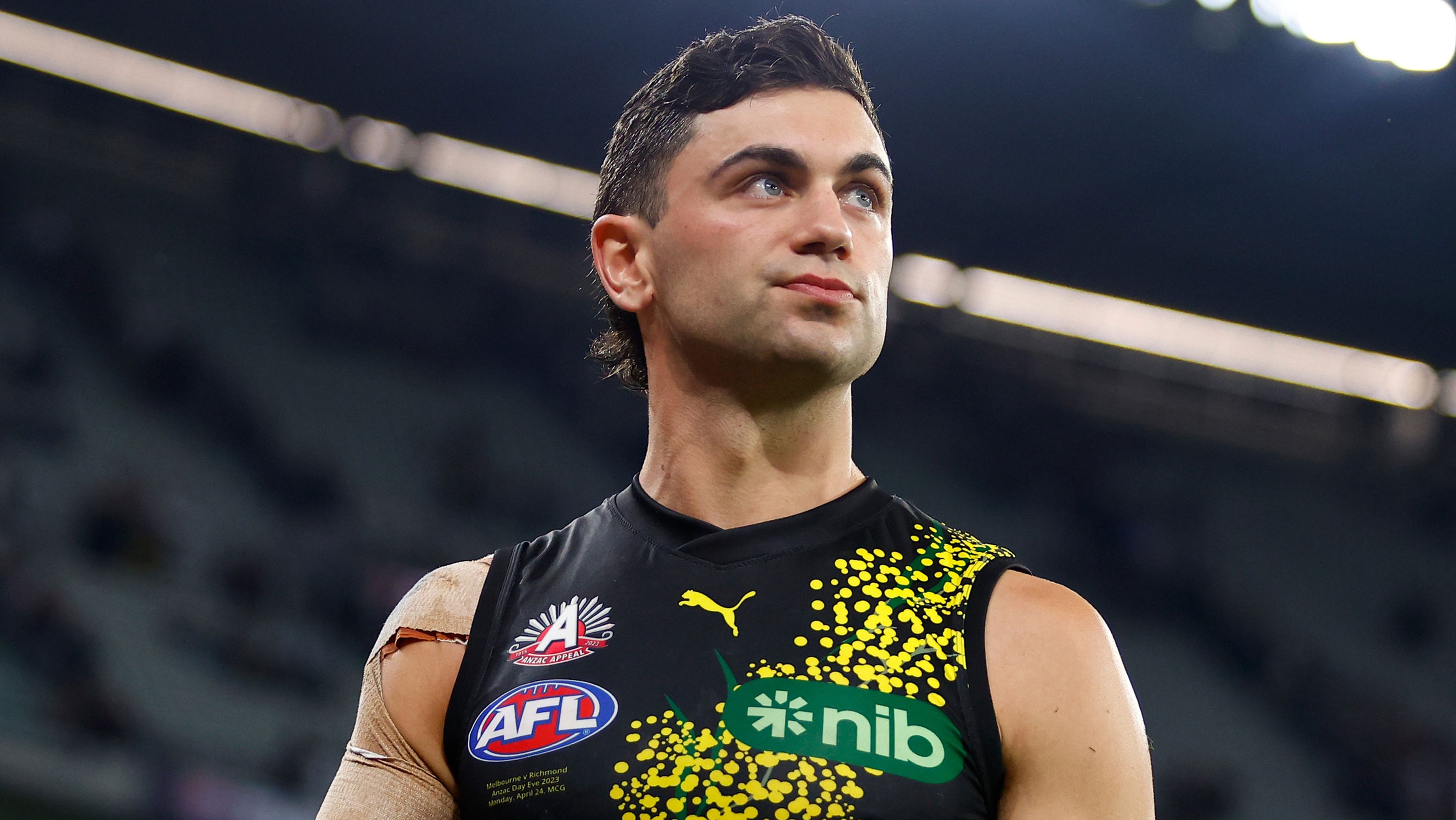 MELBOURNE, AUSTRALIA - APRIL 24: Tim Taranto of the Tigers looks dejected after a loss during the 2023 AFL Round 06 match between the Melbourne Demons and the Richmond Tigers at the Melbourne Cricket Ground on April 24, 2023 in Melbourne, Australia. (Photo by Dylan Burns/AFL Photos)
