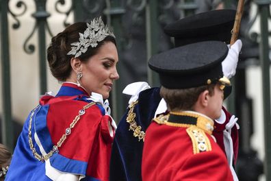Kate, Princess of Wales arrives at Westminster Abbey prior to the coronation ceremony of Britain's King Charles III in London Saturday, May 6, 2023. (AP Photo/Alessandra Tarantino)