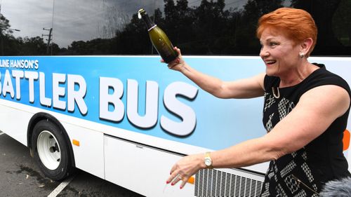 Pauline Hanson campaigned in her Battler Bus. (AAP)