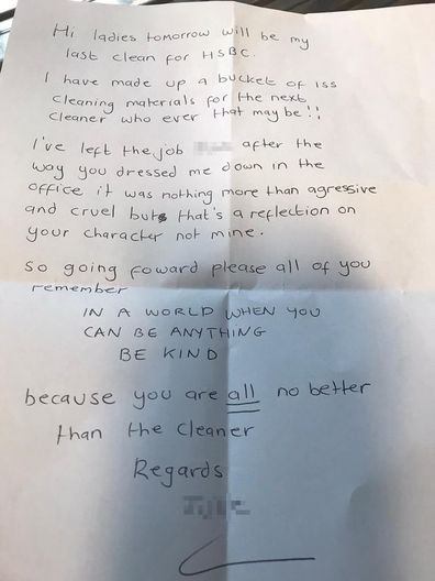 The note, which has been shared by the cleaner's son, has since gone viral.